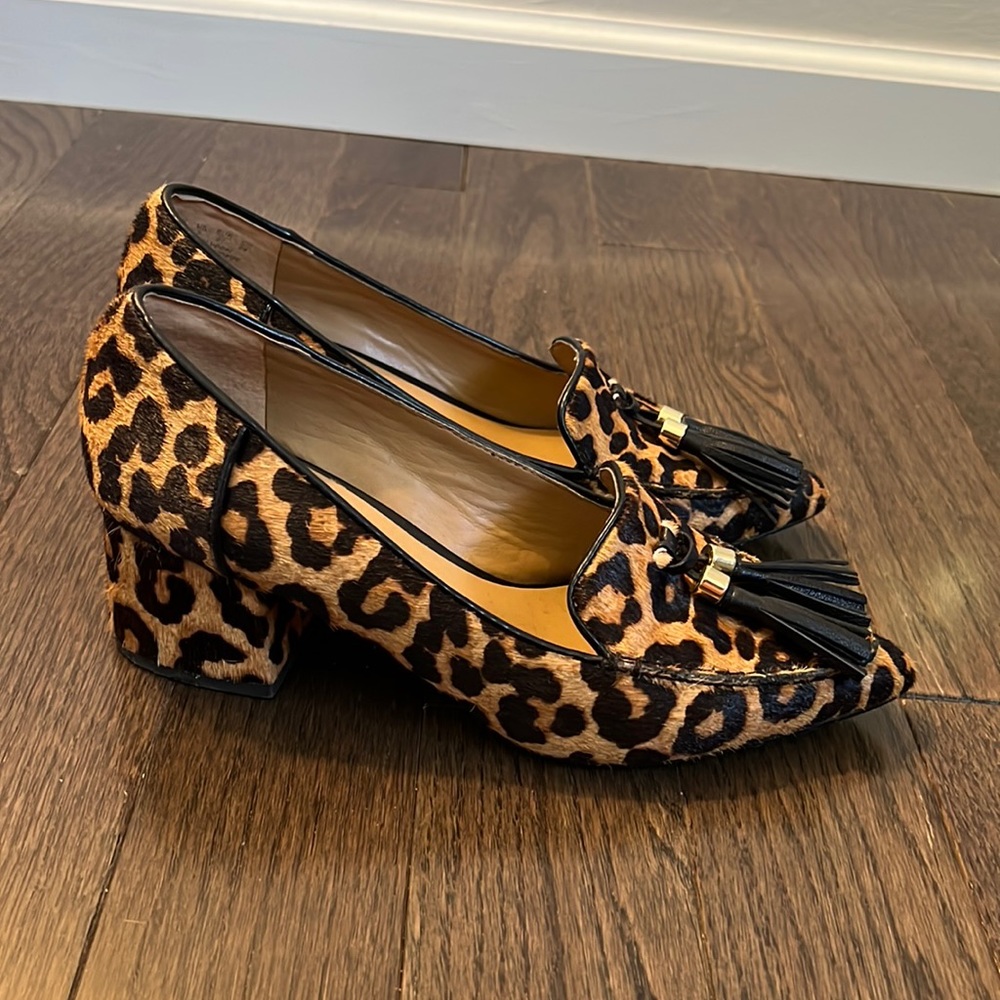 Franco sarto cheetah heeled loafers.